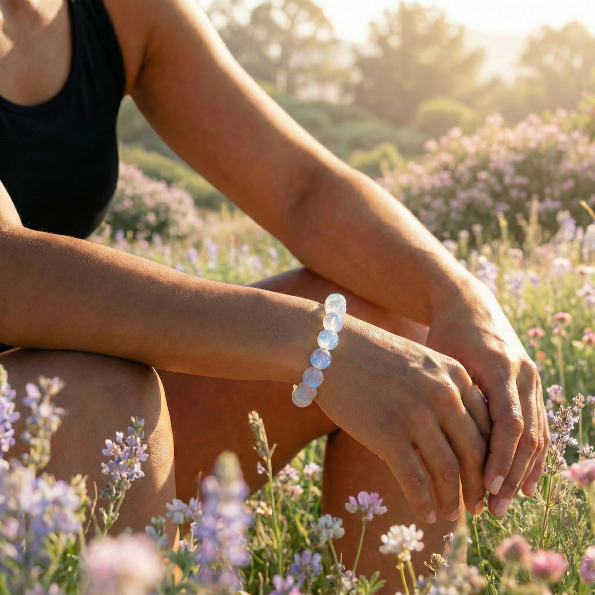 Person sitting in a field of flowers wearing a lunaia bracelet